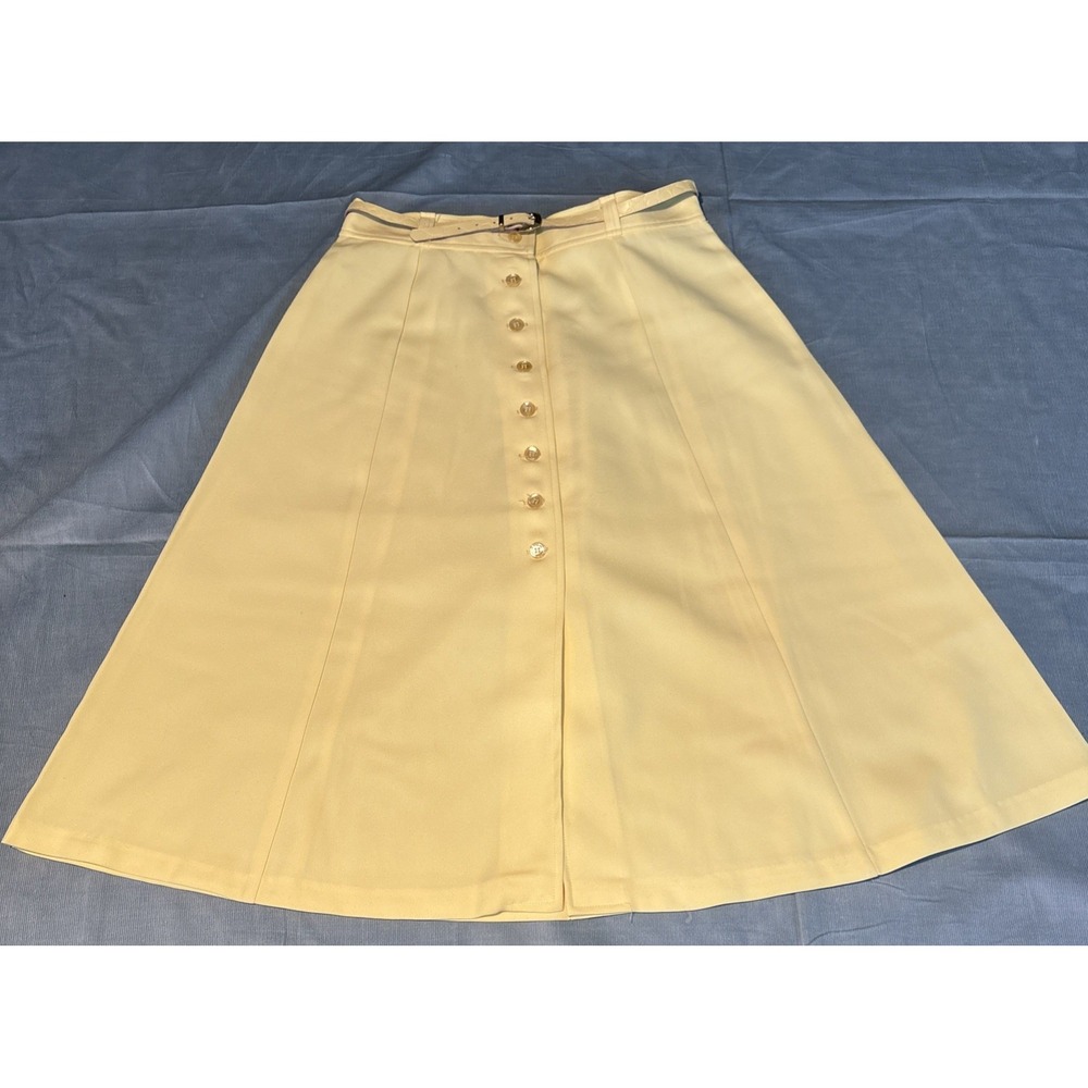 Vintage Yellow Button Front A-Line Midi Skirt with Belt Pastel Retro Size 15/16